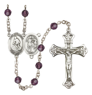Sterling Silver 6mm Austrian Crystal Saint Sebastian/Wrestling Rosary in Amethyst