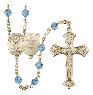 14 Karat Gold-Filled 6mm Austrian Crystal Saint Christopher / Army Rosary in Aqua