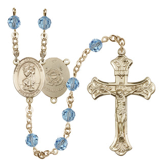 14 Karat Gold-Filled 6mm Austrian Crystal Saint Christopher / Coast Guard Rosary in Aqua