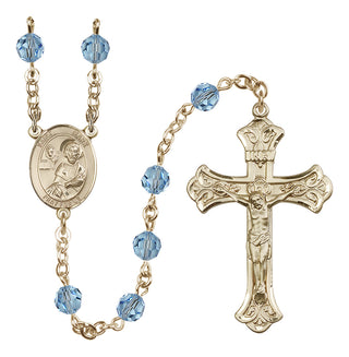 14 Karat Gold-Filled 6mm Austrian Crystal Saint Mark the Evangelist Rosary in Aqua