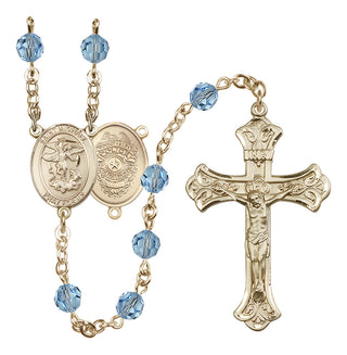 14 Karat Gold-Filled 6mm Austrian Crystal Saint Michael the Archangel/Policeman Rosary in Aqua