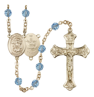14 Karat Gold-Filled 6mm Austrian Crystal Saint Michael / Army Rosary in Aqua