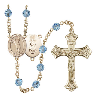 14 Karat Gold-Filled 6mm Austrian Crystal Saint Christopher/Golf Rosary in Aqua