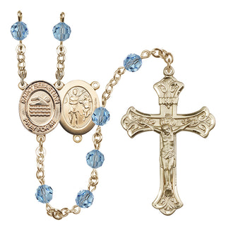 14 Karat Gold-Filled 6mm Austrian Crystal Saint Sebastian/Swimming Rosary in Aqua