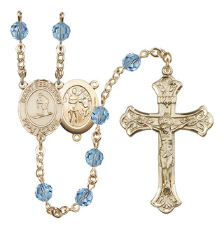14 Karat Gold-Filled 6mm Austrian Crystal Saint Sebastian/Skiing Rosary in Aqua