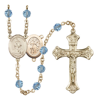 14 Karat Gold-Filled 6mm Austrian Crystal Saint Sebastian/Wrestling Rosary in Aqua