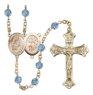 14 Karat Gold-Filled 6mm Austrian Crystal Saint Sebastian /Track&Field-Men Rosary in Aqua