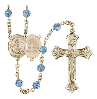 14 Karat Gold 6mm Austrian Crystal Saint Benedict Rosary in Aqua
