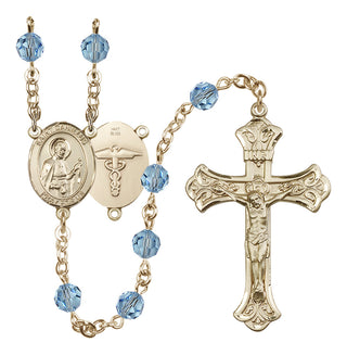 14 Karat Gold 6mm Austrian Crystal Saint Camillus of Lellis / Nurse Rosary in Aqua