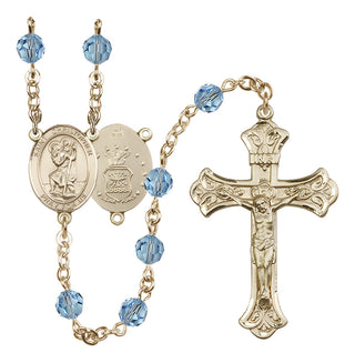 14 Karat Gold 6mm Austrian Crystal Saint Christopher / Air Force Rosary in Aqua