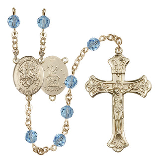 14 Karat Gold 6mm Austrian Crystal Saint George / Air Force Rosary in Aqua