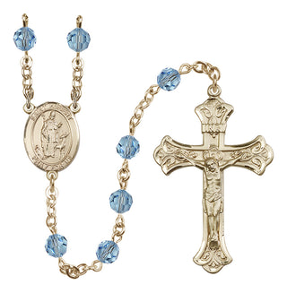 14 Karat Gold 6mm Austrian Crystal Saint Hubert of Liege Rosary in Aqua
