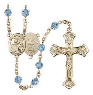 14 Karat Gold 6mm Austrian Crystal Saint Joan of Arc / Air Force Rosary in Aqua