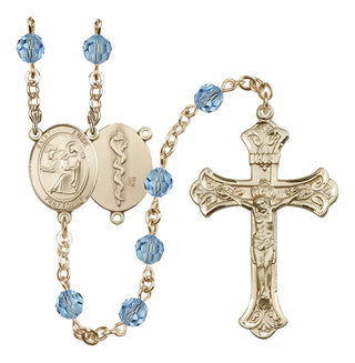 14 Karat Gold 6mm Austrian Crystal Saint Luke the Apostle / Doctor Rosary in Aqua