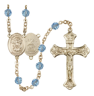 14 Karat Gold 6mm Austrian Crystal Saint Michael / Air Force Rosary in Aqua