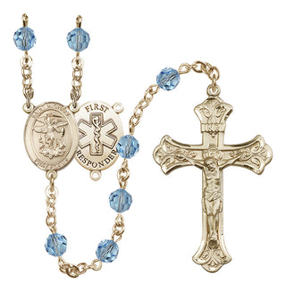 14 Karat Gold 6mm Austrian Crystal Saint Michael/1St Responder Rosary in Aqua