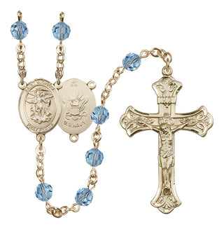 14 Karat Gold 6mm Austrian Crystal Saint Michael / Navy Rosary in Aqua