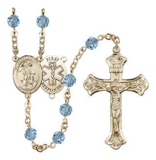 14 Karat Gold 6mm Austrian Crystal Guardian Angel/1st Responders Rosary in Aqua