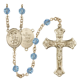 14 Karat Gold 6mm Austrian Crystal Guardian Angel / Army Rosary in Aqua
