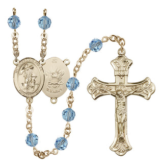 14 Karat Gold 6mm Austrian Crystal Guardian Angel / Navy Rosary in Aqua