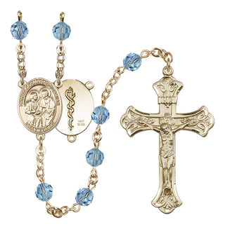 14 Karat Gold 6mm Austrian Crystal Saints Cosmas & Damian / Doctors Rosary in Aqua