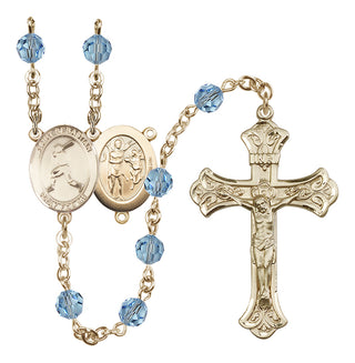 14 Karat Gold 6mm Austrian Crystal Saint Sebastian/Baseball Rosary in Aqua