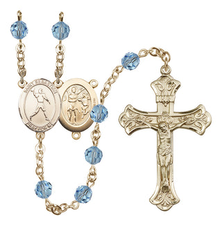 14 Karat Gold 6mm Austrian Crystal Saint Sebastian/Football Rosary in Aqua
