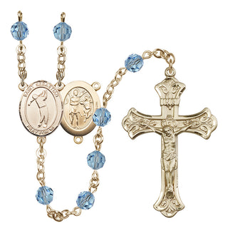 14 Karat Gold 6mm Austrian Crystal Saint Sebastian/Golf Rosary in Aqua
