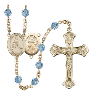 14 Karat Gold 6mm Austrian Crystal Saint Sebastian/Ice Hockey Rosary in Aqua