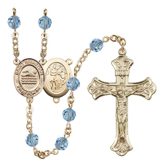 14 Karat Gold 6mm Austrian Crystal Saint Sebastian/Swimming Rosary in Aqua