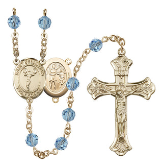 14 Karat Gold 6mm Austrian Crystal Saint Sebastian/Cheerleading Rosary in Aqua