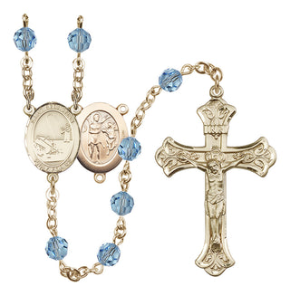 14 Karat Gold 6mm Austrian Crystal Saint Sebastian / Fishing Rosary in Aqua