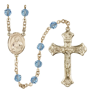 14 Karat Gold 6mm Austrian Crystal Saint Pius X Rosary in Aqua