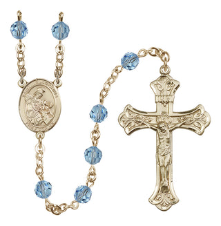14 Karat Gold 6mm Austrian Crystal Saint Eustachius Rosary in Aqua