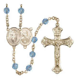 14 Karat Gold 6mm Austrian Crystal Divina Misericordia Rosary in Aqua
