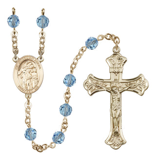 14 Karat Gold 6mm Austrian Crystal Guardian Angel w/Children Rosary in Aqua