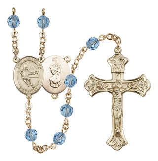 14 Karat Gold 6mm Austrian Crystal Saint Christopher/Hockey Rosary in Aqua