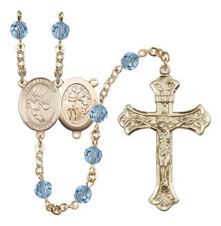 14 Karat Gold 6mm Austrian Crystal Saint Sebastian/Basketball Rosary in Aqua
