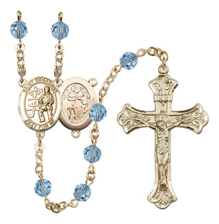 14 Karat Gold 6mm Austrian Crystal Saint Sebastian/Karate Rosary in Aqua