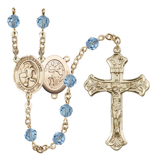 14 Karat Gold 6mm Austrian Crystal Saint Sebastian/Soccer-Women Rosary in Aqua