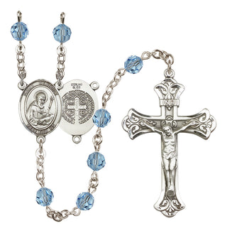 Sterling Silver 6mm Austrian Crystal Saint Benedict Rosary in Aqua