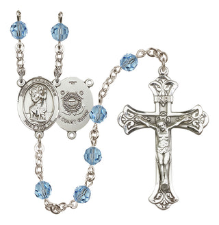Sterling Silver 6mm Austrian Crystal Saint Christopher / Coast Guard Rosary in Aqua
