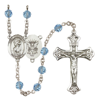 Sterling Silver 6mm Austrian Crystal Saint Christopher / Navy Rosary in Aqua