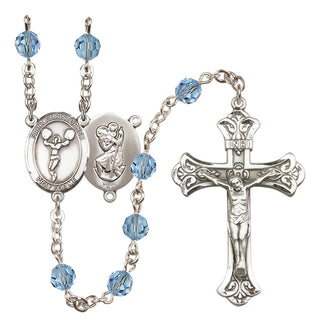 Sterling Silver 6mm Austrian Crystal Saint Christopher/Cheerleading Rosary in Aqua