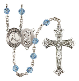 Sterling Silver 6mm Austrian Crystal Saint Christopher/Baseball Rosary in Aqua