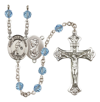 Sterling Silver 6mm Austrian Crystal Saint Christopher/Basketball Rosary in Aqua