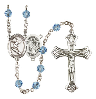 Sterling Silver 6mm Austrian Crystal Saint Sebastian/Surfing Rosary in Aqua