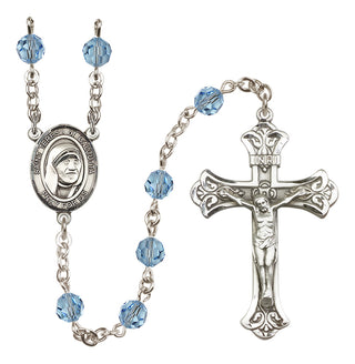 Sterling Silver 6mm Austrian Crystal Saint Teresa of Calcutta Rosary in Aqua