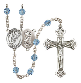 Sterling Silver 6mm Austrian Crystal Saint Christopher/Softball Rosary in Aqua