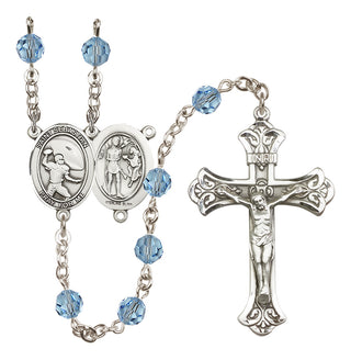 Sterling Silver 6mm Austrian Crystal Saint Sebastian / Football Rosary in Aqua